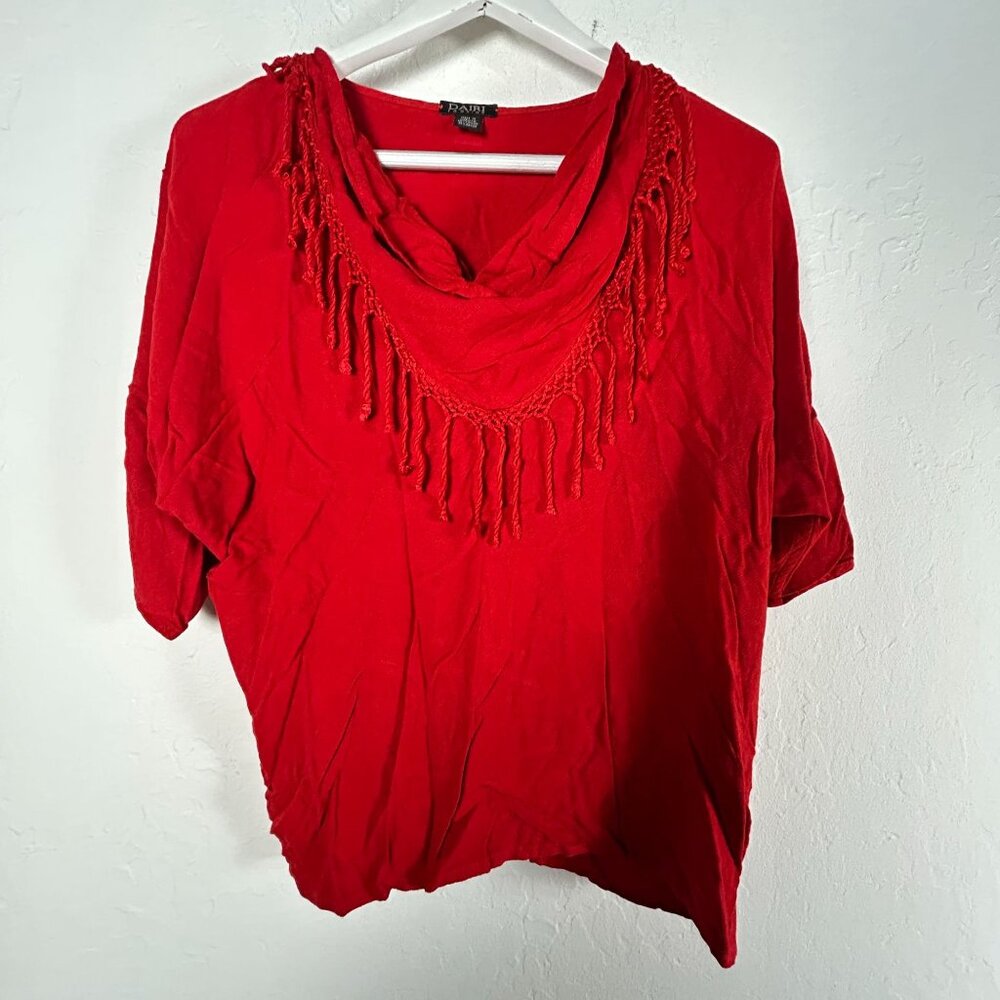 Dairi Fashion Womens Red Fringe Cowl Neck 3/4 Dolman Sleeve Top Loose Fit Casual